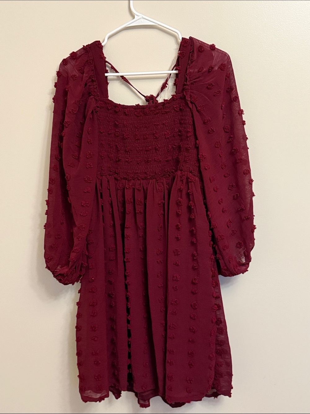 Listicle Burgundy Swiss Dot Smocked Long Sleeve Dress